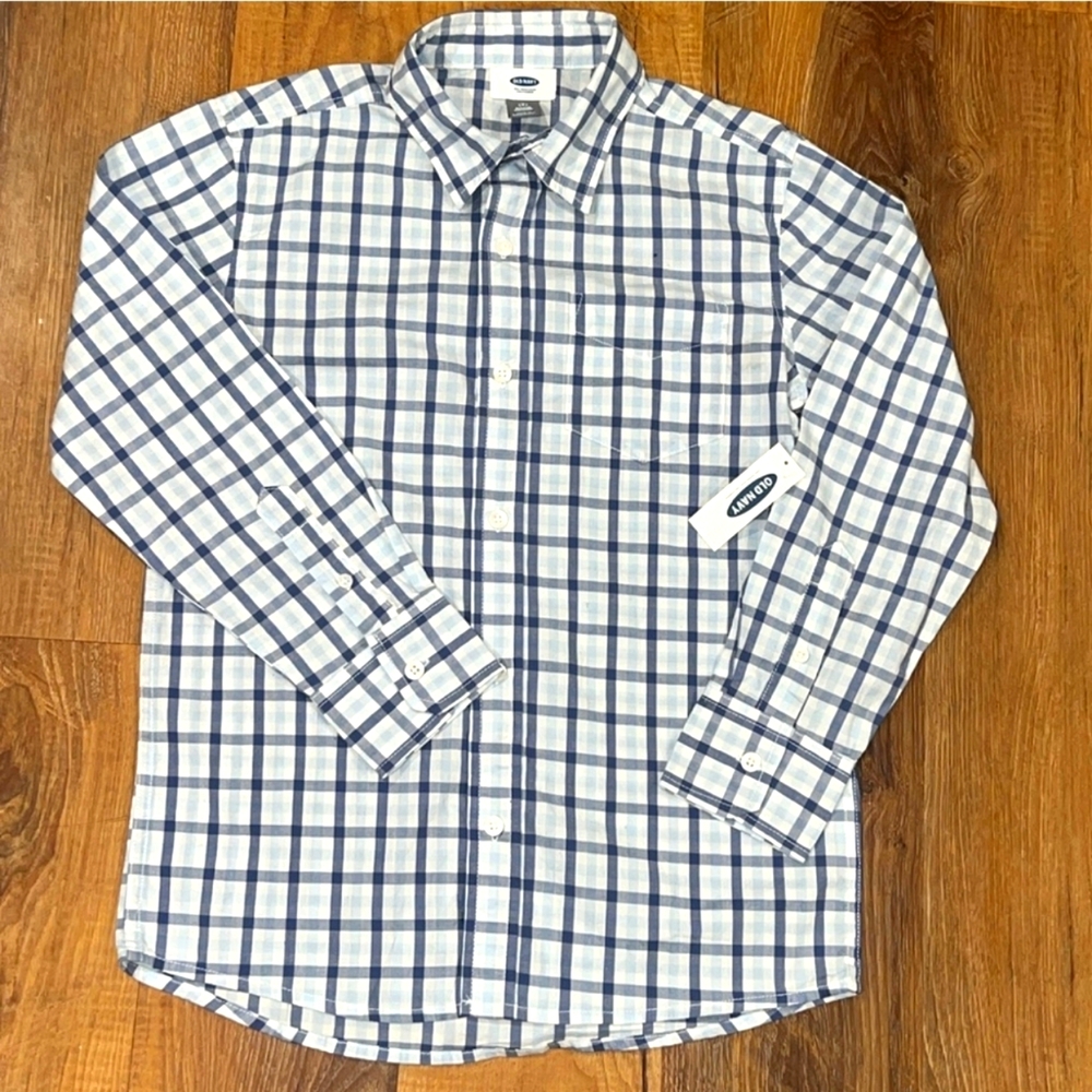NWTOld Navy Boys Blue Checkered Long Sleeve Button DownDress Shirt (Size: 8)